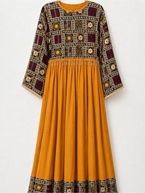 Others Follow Mustard Maxi Dress with Maroon Printed Bodice